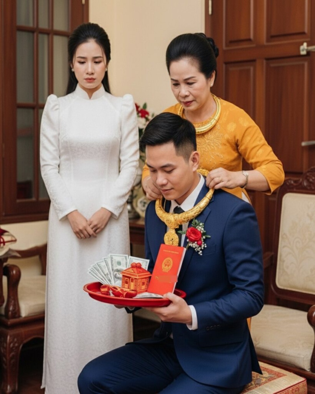 Đám cươí mẹ chồng lên trao 10 cây vàng, 2 sổ đỏ, 500 triệu tiền mặt cho con trai nhưng con dâu không có 1 thứ gì