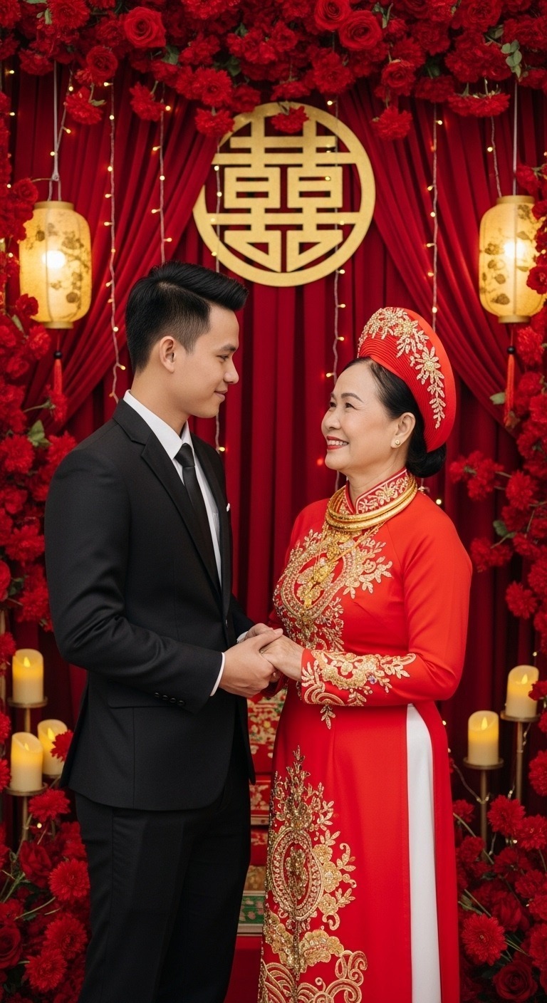 Bà ta mặc áo dài lụa đỏ, bàn tay đeo nhẫn vàng siết chặt tay tôi. “Từ giờ, cậu là chồng ta, Nam ơi,”