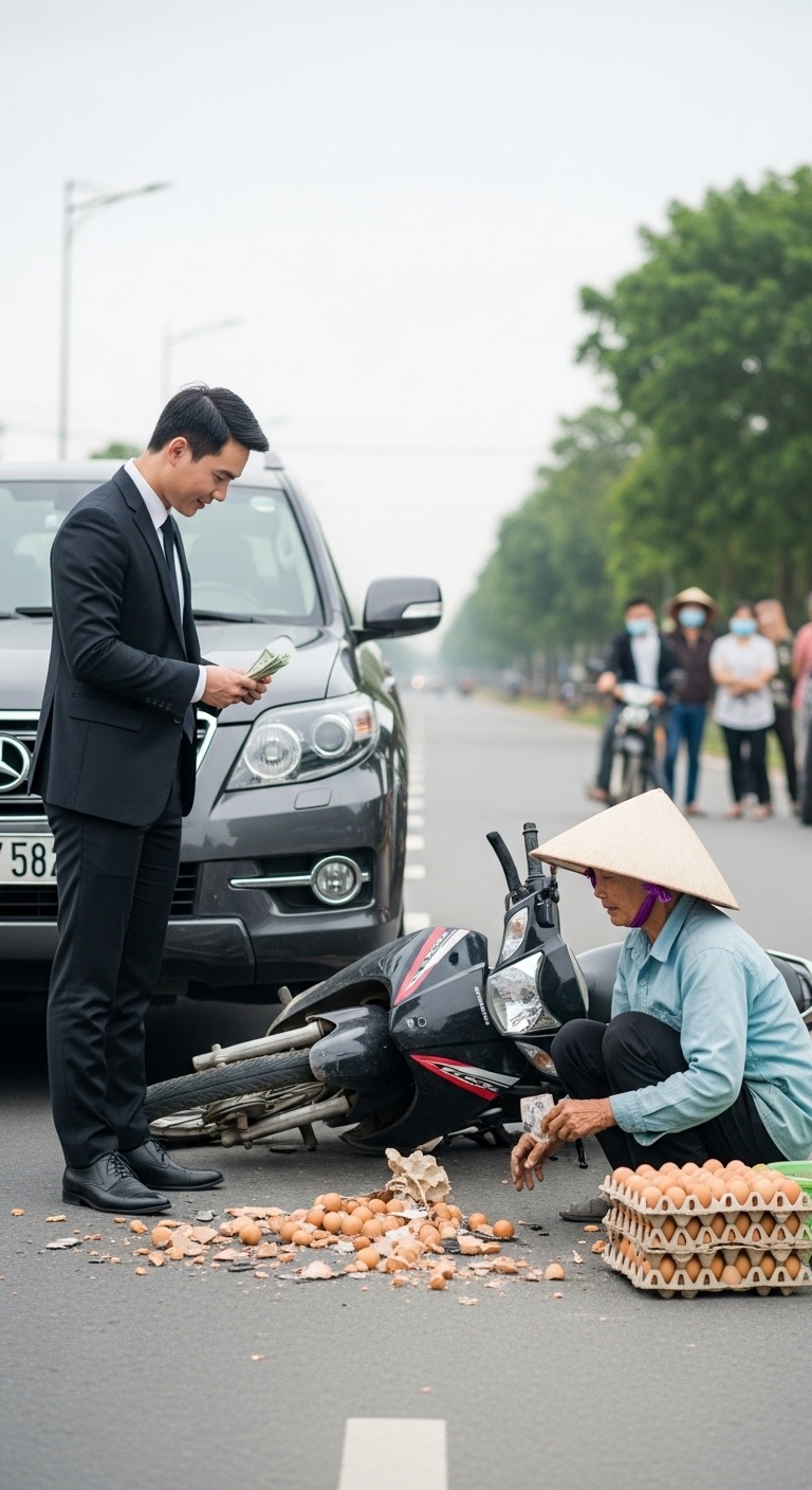 Gã giám đốc va chạm với ông lão chở trứng khiến trứng vỡ tung tóe. Hắn khó chịu xuống xe hất cằm: “Chỗ trứng thối này giá bao nhiêu”
