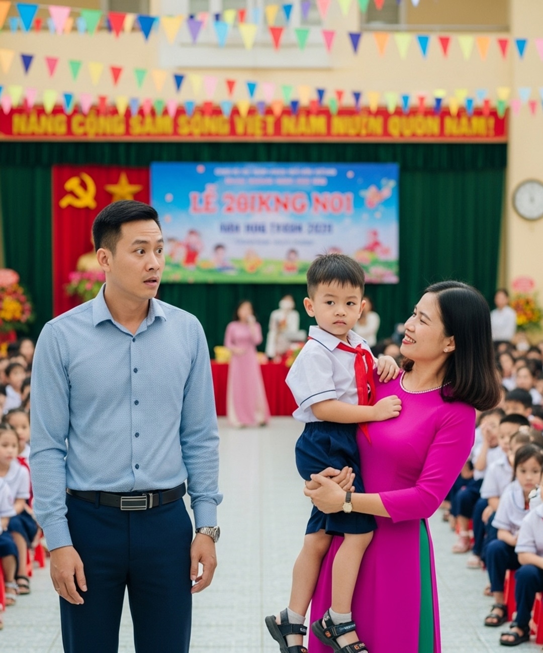 Đưa con đến trường dự lễ kỉ niệm 20/11 tôi đứng hình khi thấy 1 đứa bé giống con mình như đ úc và gọi cô giáo là mẹ