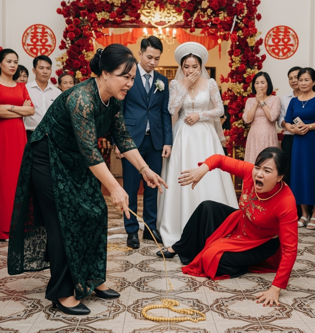Thấy thông gia đeo cái cái kiềng vàng cho con gái mình, mẹ cô dâu gi ậ t luôn xuống đất