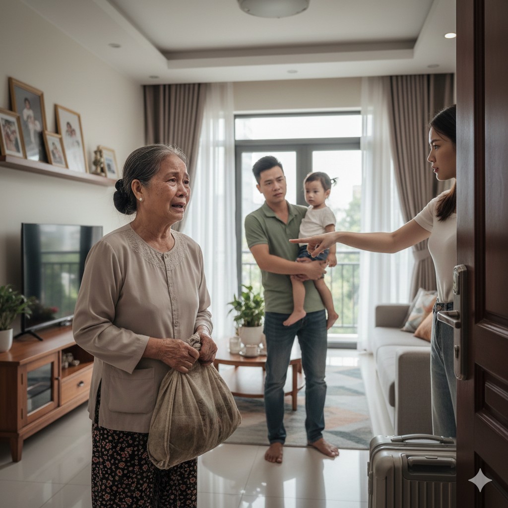 Hôm bà mang tiền lên thành phố, Thuỷ ôm lấy bà cười tươi: – Mẹ yên tâm, con với anh Hùng sẽ lo cho mẹ chu đáo!