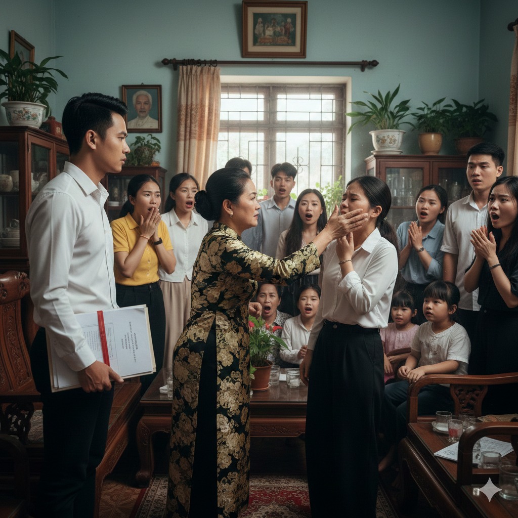 Mẹ chồng lao vào tá;/t tôi tới tấp trước mặt mọi người trong họ trong buổi họp gia đình chỉ vì tôi bộ bàn ghế ở nhà thờ họ không đẹp, đúng lúc này chồng tôi rút ra 1 xấp giấy tờ