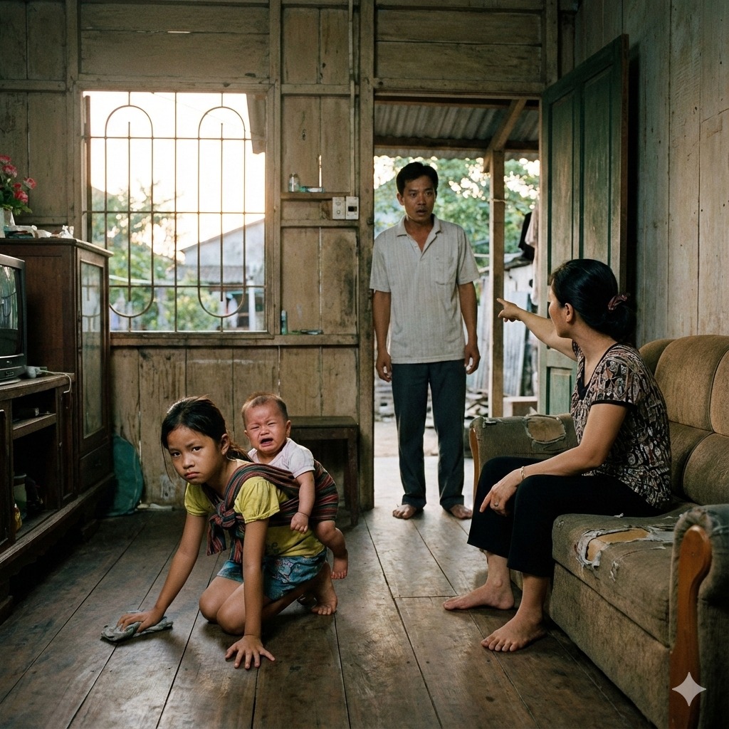 Tôi thuê dâu trông con sau khi vợ tôi qua đời vì thường xuyên phải đi công tác. Hôm về nhà sớm hơn kế hoạch, tôi thấy con gái 8 tuổi đang quỳ lau sàn nhà, trên lưng cõng đứa em. Vợ tôi mất được hai năm.  Từ ngày đó, căn nhà rộng hơn nhưng lạnh hẳn. Tôi thường xuyên phải đi công tác xa, đành thuê một người phụ nữ về trông hai đứa nhỏ. Bà ta ngoài bốn mươi, quê xa, nói năng nhỏ nhẹ, miệng lúc nào cũng “anh yên tâm, tôi thương trẻ con lắm”.  Tôi tin. Vì tôi cần phải tin.  Hôm đó, tôi về nhà sớm hơn kế hoạch nửa ngày. Không báo trước. Chỉ muốn ôm con một cái cho đỡ nhớ.  Cửa mở ra, nhà im phăng phắc.  Tôi bước vào phòng khách thì khựng lại.  Con gái tôi — tám tuổi — đang quỳ xuống lau sàn. Trên lưng nó cõng em trai mới hai tuổi. Thằng bé ngủ gục, đầu gục vào vai chị. Hai tay con bé run run, nhưng vẫn cố lau cho sạch từng vệt nước.  Tôi chết lặng.  Tôi chưa kịp bước ra thì nghe thấy tiếng chuông điện thoại vang lên từ bếp.  Người giúp việc bắt máy.  Tôi đứng nép sau bức tường. Và tôi nghe thấy.  “Ừ, tôi bắt con bé làm quen rồi. Con chị lớn thì cho nó tập việc sớm, không sau này hư.”  Tôi nín thở.  “Ba nó hiền lắm. Đi suốt. Vợ chết rồi, có biết gì đâu.”  Tay tôi siết chặt.  “Con bé khóc à? Kệ nó. Khóc quen rồi thì hết.”  Bà ta cười khẩy.  “Có lần tôi dọa: không nghe lời là tao nói ba mày bỏ mày luôn. Thế là ngoan ngay.”  Tai tôi ù đi. Mọi thứ trước mắt như tối sầm.  Tôi nhìn ra giữa phòng.  Con gái tôi vẫn quỳ. Mồ hôi chảy ướt trán. Nó cắn môi, không dám khóc. Như thể sợ chỉ cần phát ra tiếng động… sẽ có chuyện còn tệ hơn.  Cuộc điện thoại kết thúc.  Tôi bước ra.  Bà giúp việc giật mình, chưa kịp nói gì thì tôi đã bế thằng bé khỏi lưng con gái, đặt xuống ghế.  Tôi quỳ xuống trước mặt con.  “Con làm gì thế này?”  Con bé nhìn tôi. Chỉ một giây thôi — rồi nó bật khóc nức nở, ôm chặt lấy cổ tôi:  “Con xin lỗi ba… con lau chưa sạch… đừng bỏ con…”  Câu nói đó đâm thẳng vào tim tôi.  Tôi đứng dậy, quay sang người giúp việc, giọng bình tĩnh đến đáng sợ:  “Cô thu dọn đồ đạc. Rời khỏi nhà tôi trong 10 phút.”  Bà ta lắp bắp:  “Anh hiểu lầm rồi—”  Tôi đưa điện thoại lên.  “Cô nói tiếp câu nào nữa, tôi bật đoạn ghi âm này cho công an nghe.”  Mặt bà ta tái mét.  Tối hôm đó, tôi xin nghỉ toàn bộ chuyến công tác dài hạn. Tôi chuyển công việc. Ít tiền hơn cũng được.  Tôi ngồi trên sàn, lau lại vết nước con gái tôi vừa lau ban nãy. Con bé ngồi cạnh, cẩn thận đặt tay lên tay tôi:  “Ba… để con làm.”  Tôi lắc đầu.  “Không. Việc của con là được làm trẻ con.”  Từ hôm đó, tôi hiểu ra một điều:  Không phải ai nói thương trẻ con… cũng thật sự thương.  Và có những tổn thương, nếu người lớn không về sớm hơn một bước, sẽ theo con trẻ suốt cả đời.