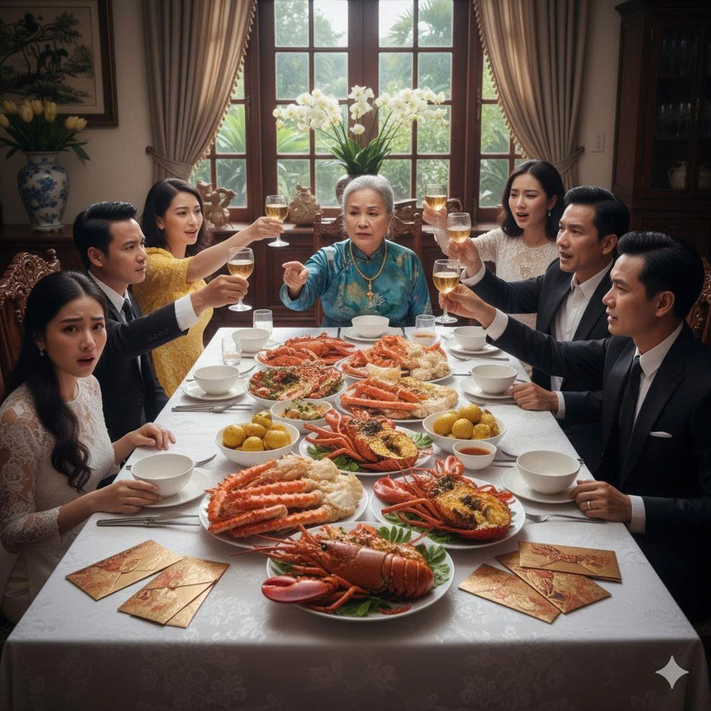 Hôm nhà chồng mở tiệc ăn mừng tiền đền bù tiền tỷ, ai cũng được chia 3 tỷ trừ vợ chồng tôi. Nhưng đến lúc tính hóa đơn toàn cua hoàng đế với tôm hùm, mẹ chồng quay sang chỉ tôi